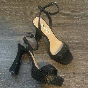 Nina Angella Black Satin Crystal Block-heel Platform Stiletto Sandal